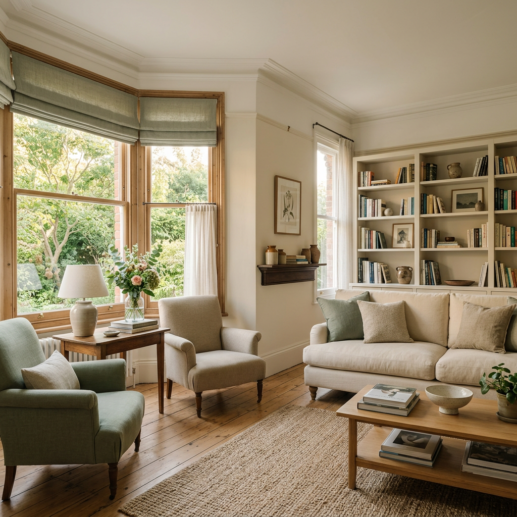 Soft light across the bay window of a welcoming home